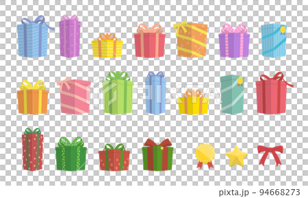 プレゼントの箱のイラスト　カラフルなラッピングとリボンのギフトボックス　クリスマスプレゼント 94668273