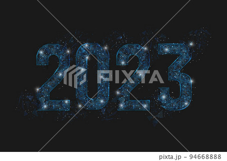 Abstract isolated blue image of new year number 2023. Polygonal low poly wireframe illustration looks like stars in the blask night sky in spase or flying glass shards. Digital web, internet design. 94668888