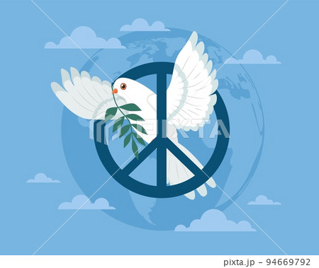 Day peace international, love symbol, tranquility and calm, harmony. White dove with olive branch in its beak, flying in sky. Banner template, poster design. Vector cartoon flat concept 94669792