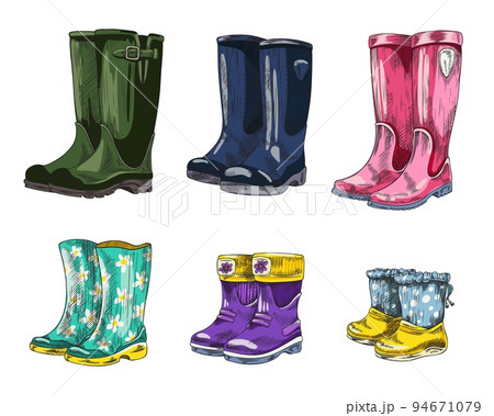 Wellies rubber boots for adults and children set, vector illustration isolated. Wellies rubber boots for adults and children set, vector illustration isolated. 94671079
