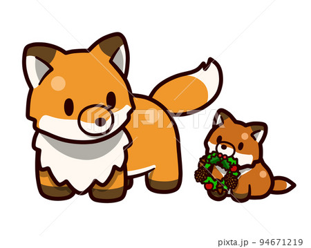 キツネの親子のデフォルメイラスト【クリスマスリース】 94671219