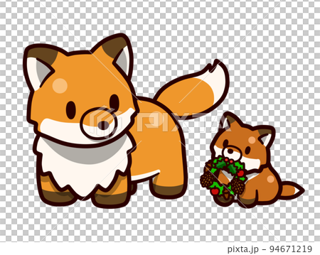 キツネの親子のデフォルメイラスト【クリスマスリース】 94671219