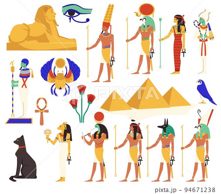 Set of Egyptian gods and religious symbols, flat vector illustration isolated. Set of Egyptian gods and religious symbols, flat vector illustration isolated. 94671238