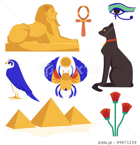 Egyptian ancient gods and sacred animals set, flat vector illustration isolated. Egyptian ancient gods and sacred animals set, flat vector illustration isolated. 94671239