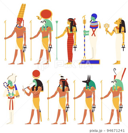 Egyptian gods and goddesses set, flat vector illustration isolated on white background. Egyptian gods and goddesses set, flat vector illustration isolated on white background. 94671241