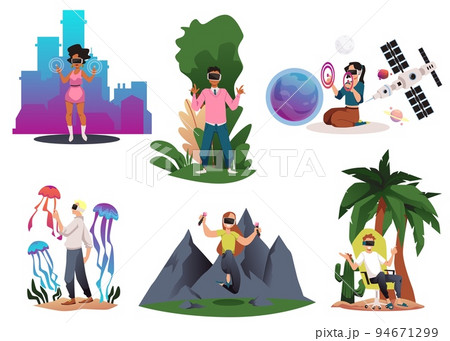 People traveling in virtual reality with VR glasses, flat vector illustration isolated on white background. 94671299
