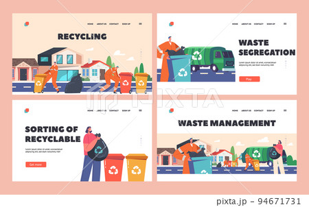 Waste Collecting Landing Page Template Set. Scavengers in Uniform Collect Litter to Truck on Street. Rubbish and Waste Waste Collecting Landing Page Template Set. Scavengers in Uniform Collect Litter to Truck on Street. Rubbish and Waste 94671731