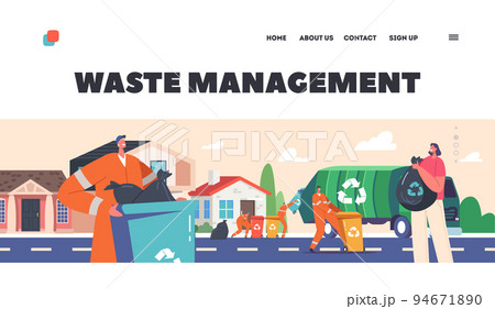 Waste Management Landing Page Template. Scavengers Collect Litter to Truck on Street. Rubbish and Waste Recycling Waste Management Landing Page Template. Scavengers Collect Litter to Truck on Street. Rubbish and Waste Recycling 94671890
