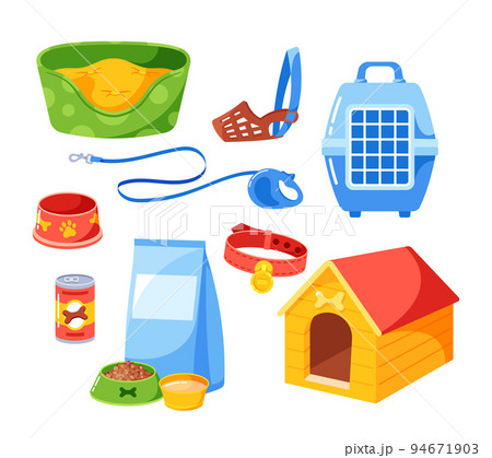 Set Of Dog Accessories, Couch With Pillow, Food In Bowl with Paw Prints, Tin Can And Package, Cage And Kennel, Leash 94671903