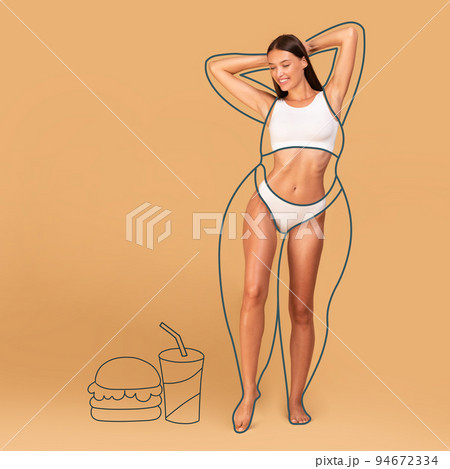 Dieting and weight loss concept. Fast food and drawn outlines around slim female body, collage, cropped Dieting and weight loss concept. Fast food and drawn outlines around slim female body, collage, cropped 94672334