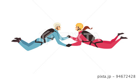 Young couple doing skydiving jump with parachute vector illustration isolated. 94672428