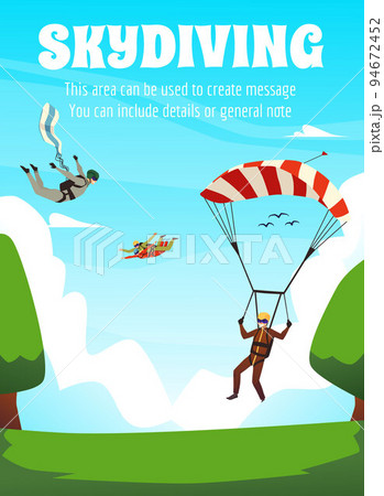 Skydiving sport recreational activity card layout, flat vector illustration. 94672452