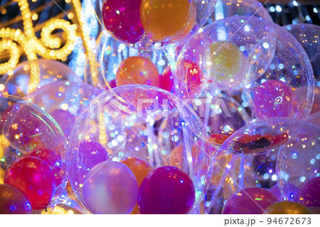 Christmas inflatable balls, decorations with lights. Abstract festive background.Festive 94672673