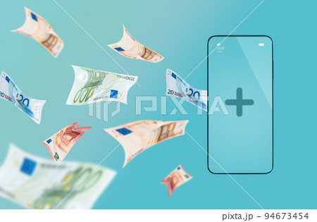 Collage finance and apps. Paper euro bills fly into the smartphone, replenishing the balance. Turquoise background. The concept of remittance and investment 94673454