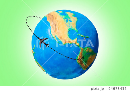 Global transportation. Planet Earth with a silhouette of an airplane flying along the route. Green background. The concept of air travel Global transportation. Planet Earth with a silhouette of an airplane flying along the route. Green background. The concept of air travel 94673455
