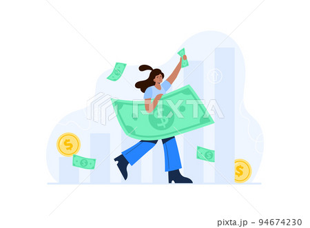 Financial concept. Personal budget, relationship with money, economic growth. A woman earns money from a successful deal or investments. Vector flat illustrations isolated on the white background. 94674230
