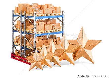 Pallet rack with parcels with five golden stars. 3D rendering Pallet rack with parcels with five golden stars. 3D rendering 94674242