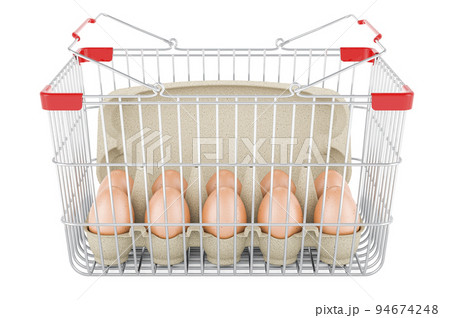 Shopping basket with eggs in an egg carton. 3D rendering Shopping basket with eggs in an egg carton. 3D rendering 94674248
