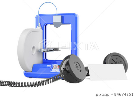 3D printer with blank business card and retro phone receiver. 3D rendering 3D printer with blank business card and retro phone receiver. 3D rendering 94674251