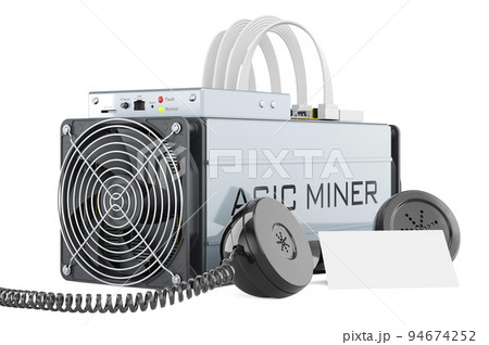ASIC miner with blank business card and retro phone receiver. 3D rendering ASIC miner with blank business card and retro phone receiver. 3D rendering 94674252