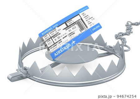Boarding pass ticket inside bear trap, 3D rendering Boarding pass ticket inside bear trap, 3D rendering 94674254