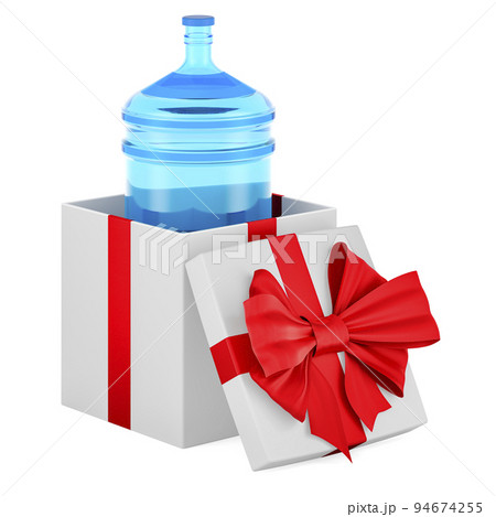 Bottled water inside gift box, present concept. 3D rendering Bottled water inside gift box, present concept. 3D rendering 94674255