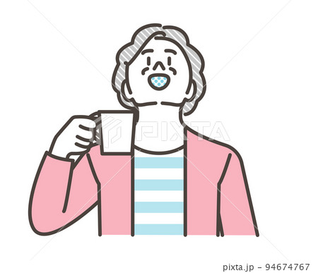 コロナ感染予防や健康のためうがいをするシニア女性【上半身ベクターイラスト素材】 94674767