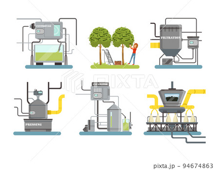 Olive oil factory production line. Stainless production industrial equipment set cartoon vector illustration Olive oil factory production line. Stainless production industrial equipment set cartoon vector illustration 94674863
