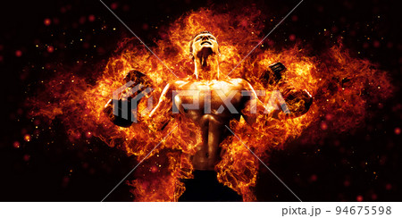 The shirtless abdominal male holds dumbbell. Studio shot in contrasty light 94675598