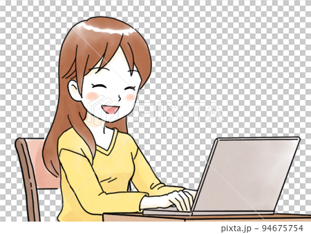 Upper body illustration of a woman smiling looking at a computer screen Upper body illustration of a woman smiling looking at a computer screen 94675754