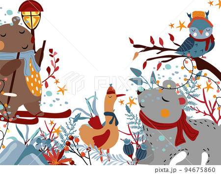 Winter composition a cute bear is skiing, funny goose, polar bear in scarf, owl sitting a tree, berries, leaves and other. Scandinavian funny animal.Perfect for greeting cards, poster,postcard,banner Winter composition a cute bear is skiing, funny goose, polar bear in scarf, owl sitting a tree, berries, leaves and other. Scandinavian funny animal.Perfect for greeting cards, poster,postcard,banner 94675860