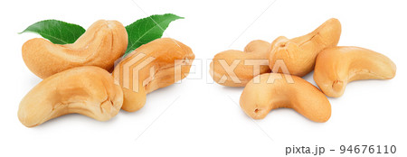 Roasted Cashew nuts with leaf isolated on white background with full depth of field. Roasted Cashew nuts with leaf isolated on white background with full depth of field. 94676110