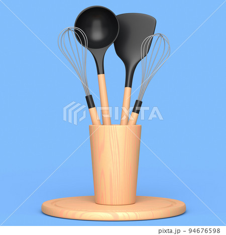 Silicon kitchen utensils, tools and equipment in holder on blue background. 94676598