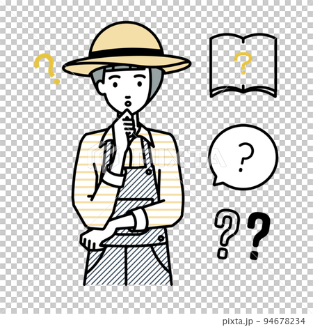 立って手をあごにあてて疑問を感じている農家の女性 クエスチョンマークのセット 立って手をあごにあてて疑問を感じている農家の女性 クエスチョンマークのセット 94678234