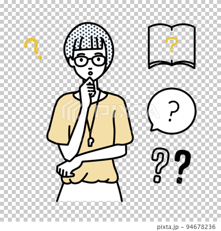 A set of teacher women question marks standing and feeling doubts with their hands on their chins A set of teacher women question marks standing and feeling doubts with their hands on their chins 94678236