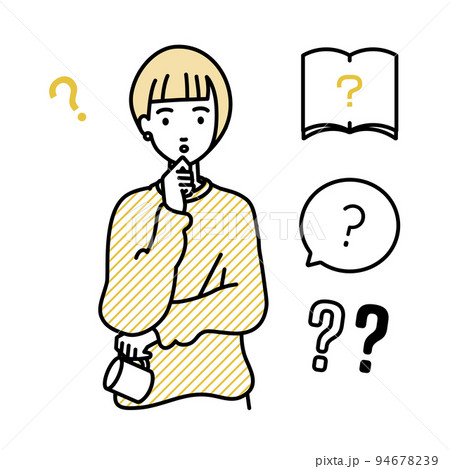 立って手をあごにあてて疑問を感じているリモートワークの女性 クエスチョンマークのセット 立って手をあごにあてて疑問を感じているリモートワークの女性 クエスチョンマークのセット 94678239