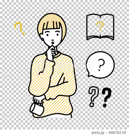 立って手をあごにあてて疑問を感じているリモートワークの女性 クエスチョンマークのセット 立って手をあごにあてて疑問を感じているリモートワークの女性 クエスチョンマークのセット 94678239