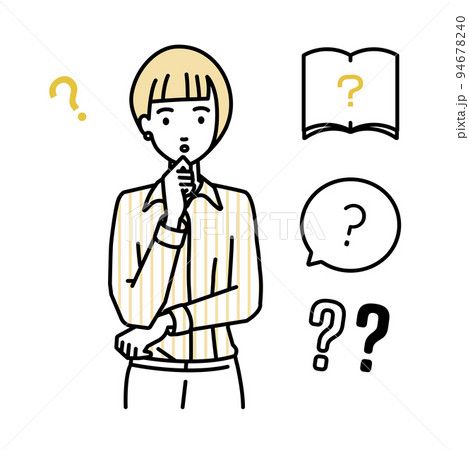 立って手をあごにあてて疑問を感じているブラウスの女性 クエスチョンマークのセット 立って手をあごにあてて疑問を感じているブラウスの女性 クエスチョンマークのセット 94678240