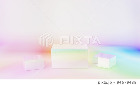 カラフルで幻想的な背景。四角い3つの台座。 94679438