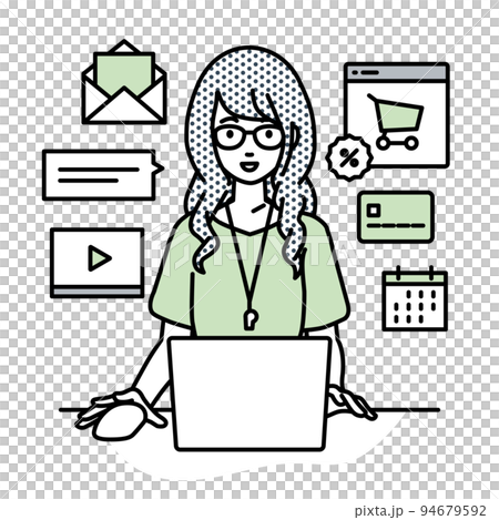 一位女教師坐在辦公桌前，在電腦上做網店或營銷工作 94679592