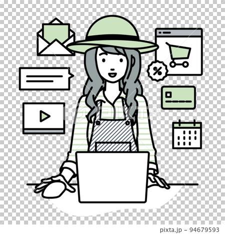 一位農婦坐在辦公桌前，在 PC 上做網上商店或營銷工作 94679593