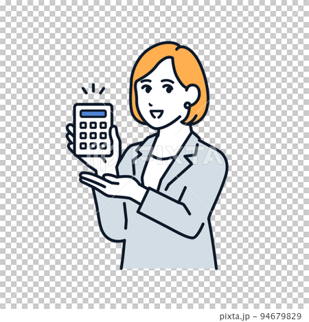 一個穿著西裝的女人在計算器上顯示估計數量的矢量圖解材料 一個穿著西裝的女人在計算器上顯示估計數量的矢量圖解材料 94679829