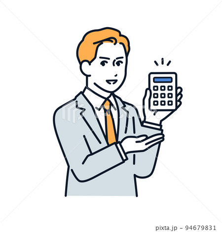 電卓で見積り金額を提示するスーツの男性のベクターイラスト素材 94679831