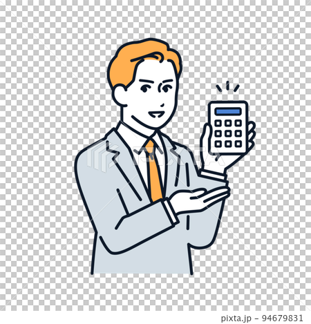 電卓で見積り金額を提示するスーツの男性のベクターイラスト素材 94679831