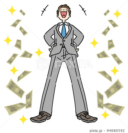 大成功した男性　現金がどんどん貯まるので笑いが止まらない様子のビジネスパーソン 94680592