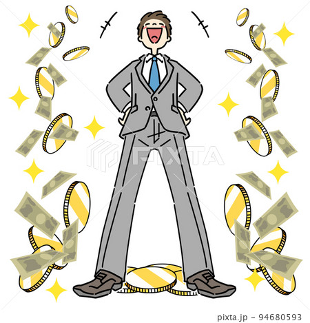 大成功した男性　コインと現金がどんどん貯まるので笑いが止まらない様子のビジネスパーソン	 94680593
