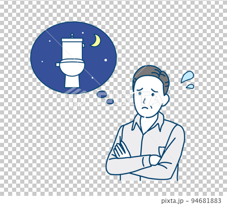 Middle-aged man troubled by frequent urination, polyuria, urge to urinate, tray, symptoms, illustration 94681883