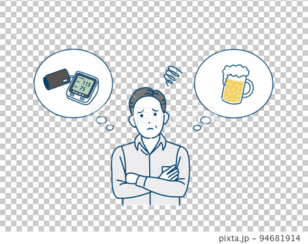 Worried about high blood pressure middle-aged man blood pressure drinking beer illustration Worried about high blood pressure middle-aged man blood pressure drinking beer illustration 94681914