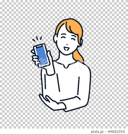 Vector illustration material of a young woman showing a smartphone screen with a smile Vector illustration material of a young woman showing a smartphone screen with a smile 94682050
