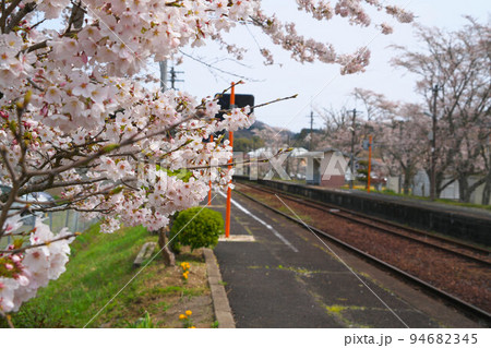 ソメイヨシノ咲く姫新線美作江見駅のプラットホーム2　岡山県美作市 94682345